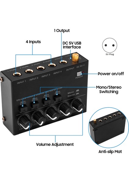 Ultra Düşük Gürültü 4 Kanal Hat Stereo Mikser 4 Giriş 1 Çıkış Dc 5V Taşınabilir Mini Ses Mikrofer Mikrofon Klavye Eu Fişi (Yurt Dışından) fiyatları