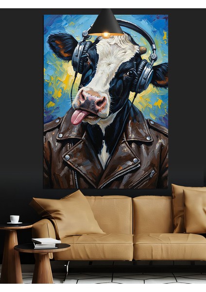Kulaklıklı Inek Dil Çıkarırken Komik Dekoratif Kanvas - Mdf Ahşap Tablo fiyatları