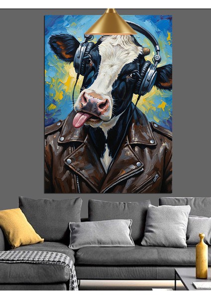 Kulaklıklı Inek Dil Çıkarırken Komik Dekoratif Kanvas - Mdf Ahşap Tablo modelleri