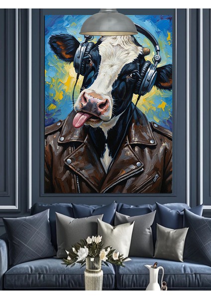 Kulaklıklı Inek Dil Çıkarırken Komik Dekoratif Kanvas - Mdf Ahşap Tablo fırsatları