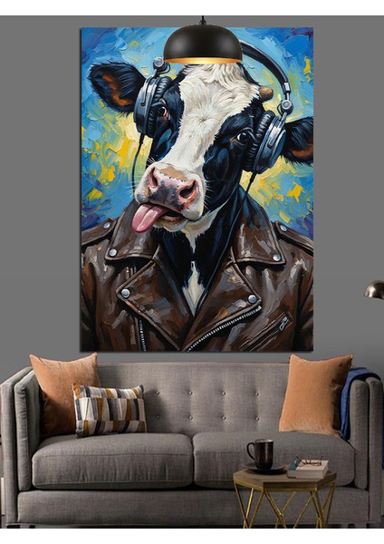 Kulaklıklı Inek Dil Çıkarırken Komik Dekoratif Kanvas - Mdf Ahşap Tablo indirimleri