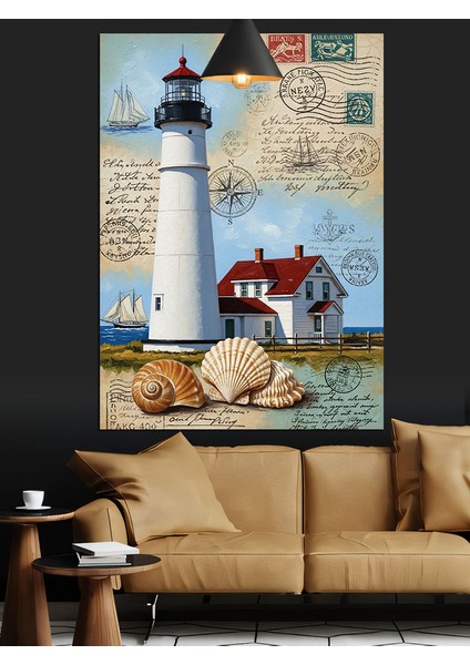Deniz Feneri ve Denizkabuğu Desenli Mektup Dekoratif Kanvas - Mdf Ahşap Tablo