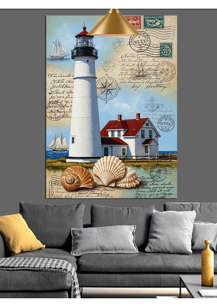 Deniz Feneri ve Denizkabuğu Desenli Mektup Dekoratif Kanvas - Mdf Ahşap Tablo fiyatları