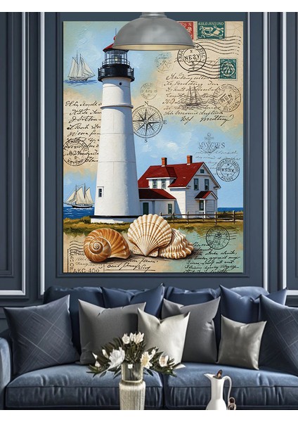 Deniz Feneri ve Denizkabuğu Desenli Mektup Dekoratif Kanvas - Mdf Ahşap Tablo modelleri