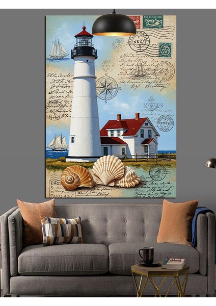 Deniz Feneri ve Denizkabuğu Desenli Mektup Dekoratif Kanvas - Mdf Ahşap Tablo fırsatları