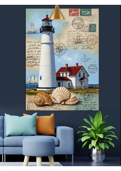 Deniz Feneri ve Denizkabuğu Desenli Mektup Dekoratif Kanvas - Mdf Ahşap Tablo indirimleri