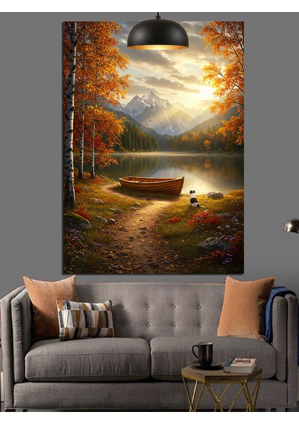 Ormanda Sonbahar Göl Manzarası Tekne Dekoratif Kanvas - Mdf Ahşap Tablo