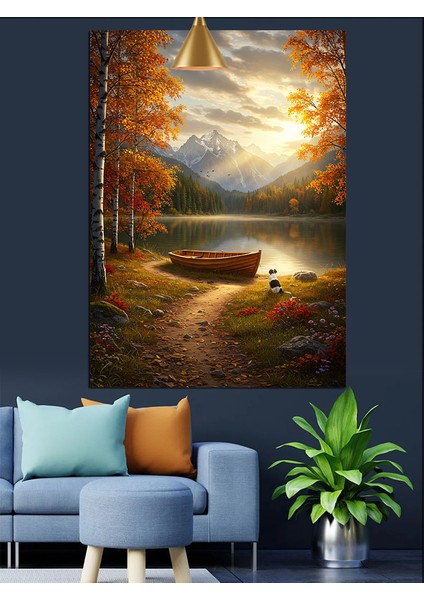 Ormanda Sonbahar Göl Manzarası Tekne Dekoratif Kanvas - Mdf Ahşap Tablo fiyatları