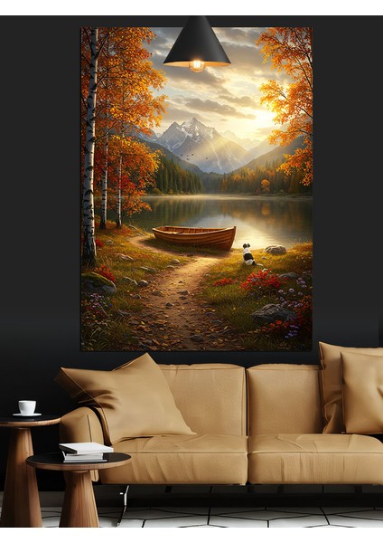 Ormanda Sonbahar Göl Manzarası Tekne Dekoratif Kanvas - Mdf Ahşap Tablo modelleri