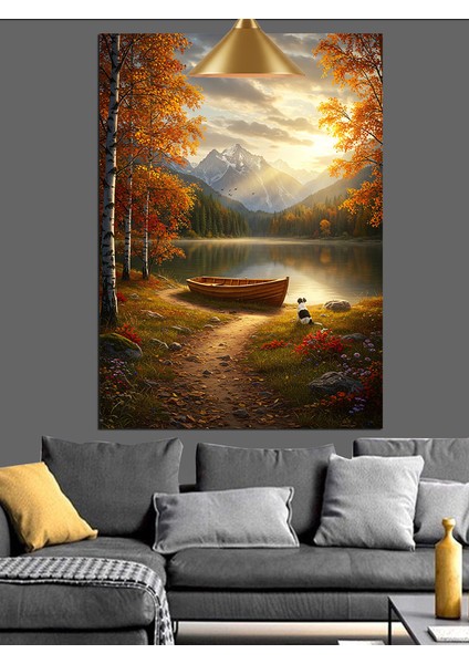 Ormanda Sonbahar Göl Manzarası Tekne Dekoratif Kanvas - Mdf Ahşap Tablo fırsatları
