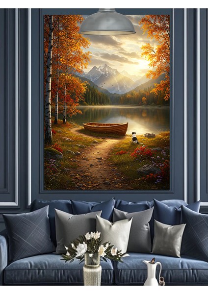 Ormanda Sonbahar Göl Manzarası Tekne Dekoratif Kanvas - Mdf Ahşap Tablo indirimleri