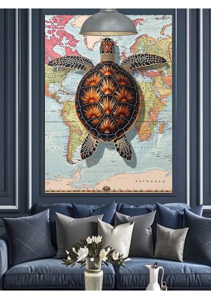 Deniz Kaplumbağası Dünya Haritası Dekoratif Kanvas - Mdf Ahşap Tablo