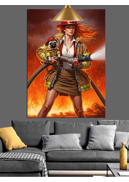 Itfaiyeci Kız ve Köpek Yangın Söndürüyor Dekoratif Kanvas - Mdf Ahşap Tablo modelleri
