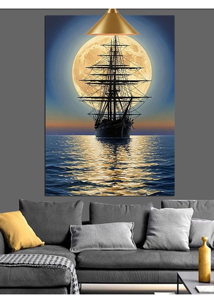 Tekne Deniz ve Gece Dekoratif Kanvas - Mdf Ahşap Tablo