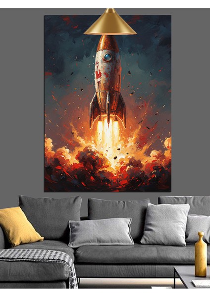 Fırlatılan Roket Duman Ateş Dekoratif Kanvas - Mdf Ahşap Tablo