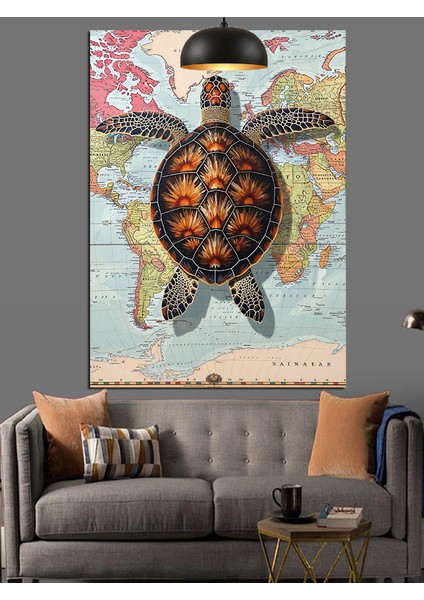 Deniz Kaplumbağası Dünya Haritası Dekoratif Kanvas - Mdf Ahşap Tablo fiyatları