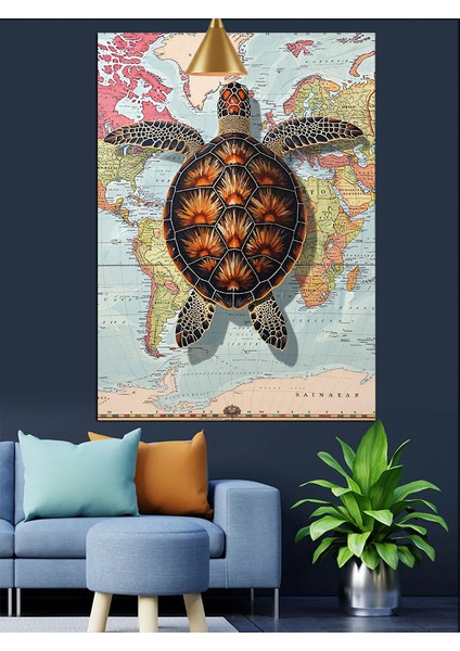 Deniz Kaplumbağası Dünya Haritası Dekoratif Kanvas - Mdf Ahşap Tablo modelleri
