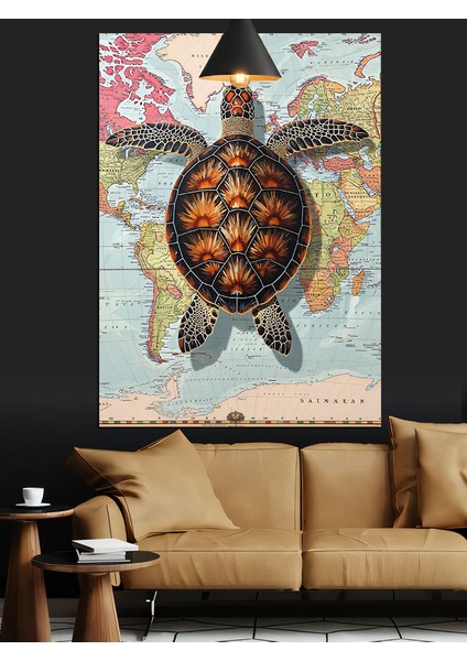 Deniz Kaplumbağası Dünya Haritası Dekoratif Kanvas - Mdf Ahşap Tablo fırsatları