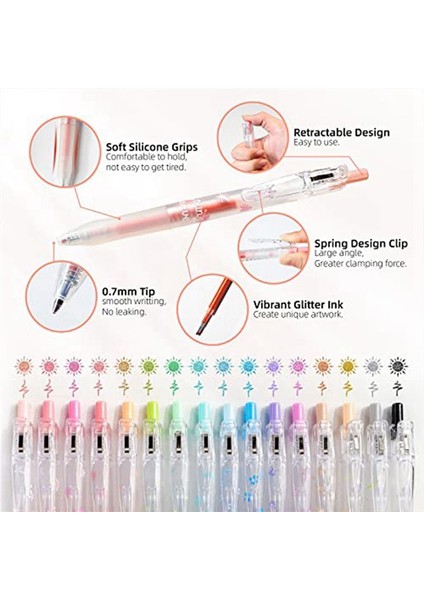 Glitter Jel Mürekkep Kalemi 16 Çeşitli Renk Geri Çekilebilir Jel Kalem Seti 0 7mm Ince Uç Renkli Günlük Kalemi Boyama Çizimi (Yurt Dışından) modelleri
