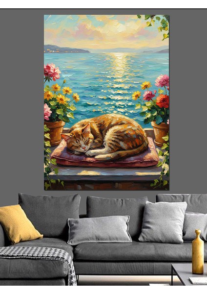 Uyuyan Kediler Güneş Işıkları ve Deniz Dekoratif Kanvas - Mdf Ahşap Tablo