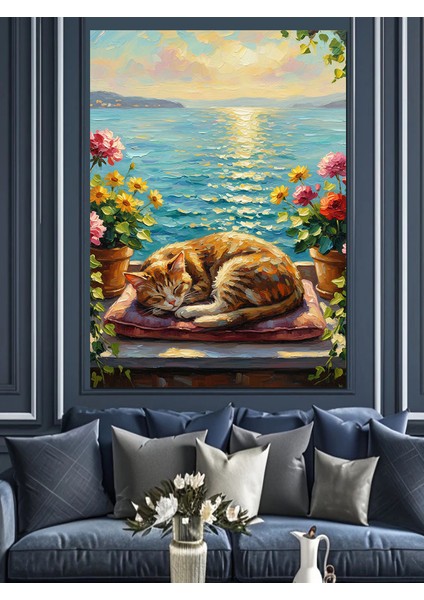 Uyuyan Kediler Güneş Işıkları ve Deniz Dekoratif Kanvas - Mdf Ahşap Tablo fiyatları