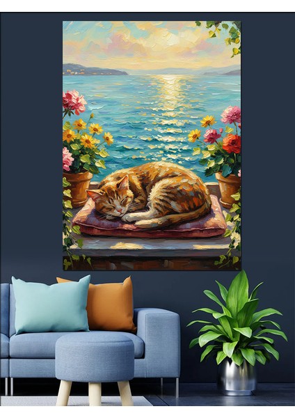 Uyuyan Kediler Güneş Işıkları ve Deniz Dekoratif Kanvas - Mdf Ahşap Tablo modelleri