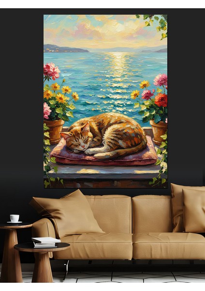 Uyuyan Kediler Güneş Işıkları ve Deniz Dekoratif Kanvas - Mdf Ahşap Tablo fırsatları