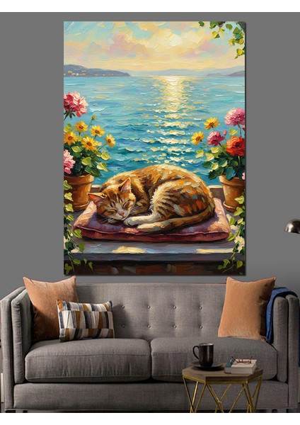 Uyuyan Kediler Güneş Işıkları ve Deniz Dekoratif Kanvas - Mdf Ahşap Tablo indirimleri