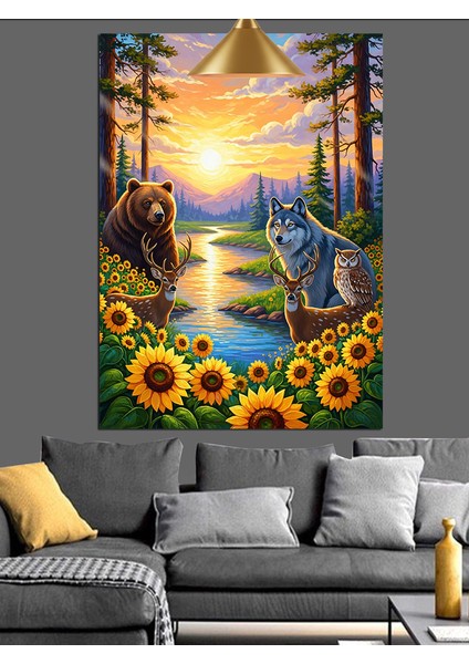Gün Batımında Ayçiçeği Tarlası ve Hayvanlar Dekoratif Kanvas - Mdf Ahşap Tablo