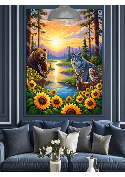 Gün Batımında Ayçiçeği Tarlası ve Hayvanlar Dekoratif Kanvas - Mdf Ahşap Tablo fiyatları