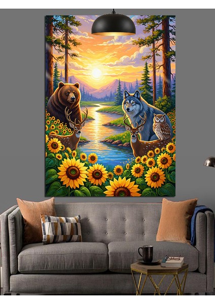 Gün Batımında Ayçiçeği Tarlası ve Hayvanlar Dekoratif Kanvas - Mdf Ahşap Tablo modelleri