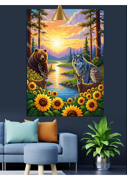 Gün Batımında Ayçiçeği Tarlası ve Hayvanlar Dekoratif Kanvas - Mdf Ahşap Tablo fırsatları