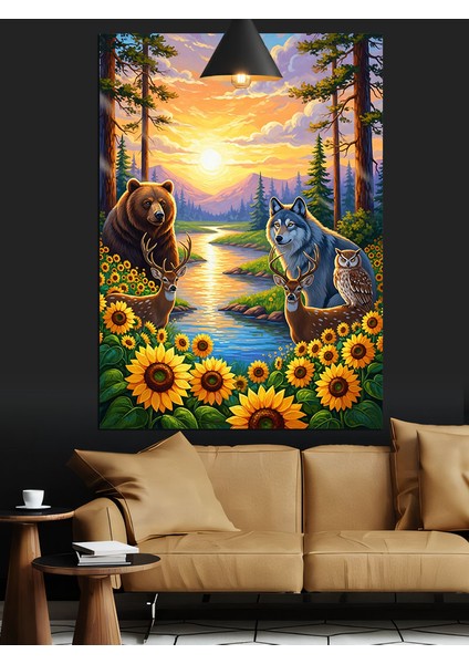 Gün Batımında Ayçiçeği Tarlası ve Hayvanlar Dekoratif Kanvas - Mdf Ahşap Tablo indirimleri