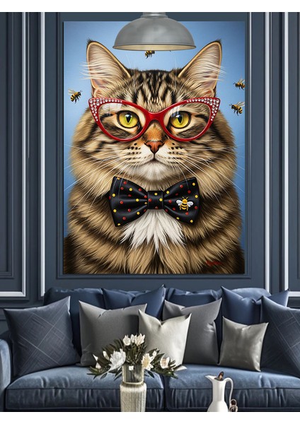 Gözlüklü Papyonlu Şık Kedi Beyefendi Dekoratif Kanvas - Mdf Ahşap Tablo