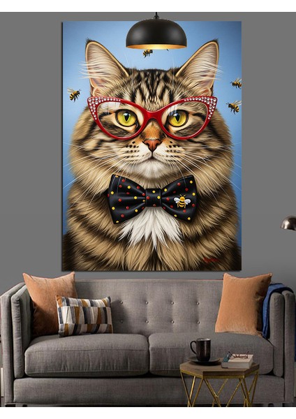 Gözlüklü Papyonlu Şık Kedi Beyefendi Dekoratif Kanvas - Mdf Ahşap Tablo fiyatları