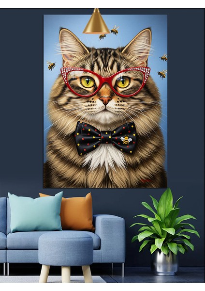 Gözlüklü Papyonlu Şık Kedi Beyefendi Dekoratif Kanvas - Mdf Ahşap Tablo modelleri