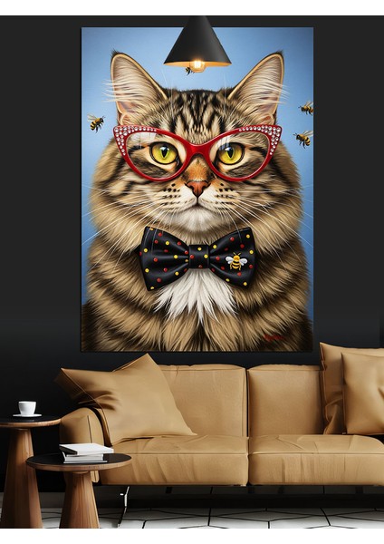 Gözlüklü Papyonlu Şık Kedi Beyefendi Dekoratif Kanvas - Mdf Ahşap Tablo fırsatları