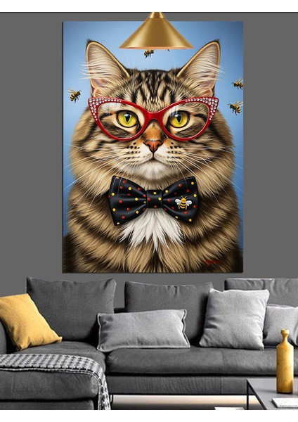 Gözlüklü Papyonlu Şık Kedi Beyefendi Dekoratif Kanvas - Mdf Ahşap Tablo indirimleri