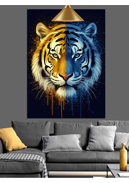 Kaplan Yüzü Mavi Sarı Dekoratif Kanvas - Mdf Ahşap Tablo
