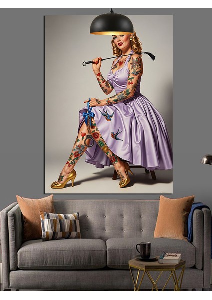 Mor Elbiseli Retro Kadın ve Golf Sopası Dekoratif Kanvas - Mdf Ahşap Tablo