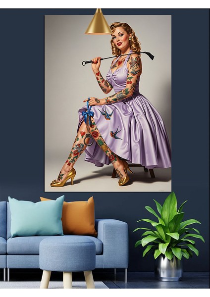 Mor Elbiseli Retro Kadın ve Golf Sopası Dekoratif Kanvas - Mdf Ahşap Tablo fiyatları
