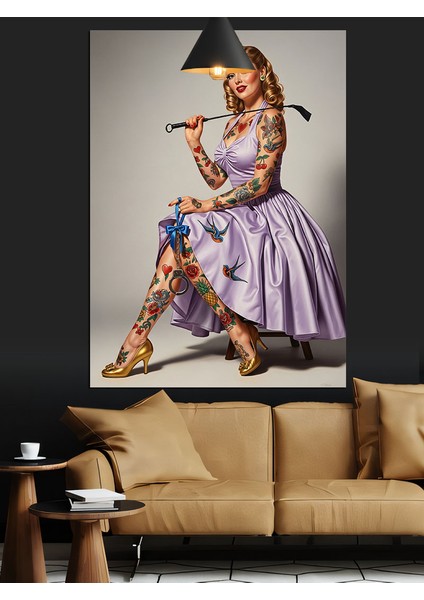 Mor Elbiseli Retro Kadın ve Golf Sopası Dekoratif Kanvas - Mdf Ahşap Tablo modelleri