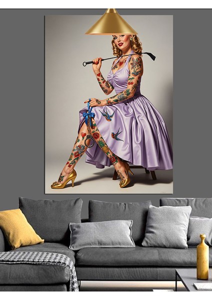 Mor Elbiseli Retro Kadın ve Golf Sopası Dekoratif Kanvas - Mdf Ahşap Tablo fırsatları