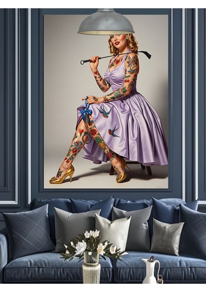 Mor Elbiseli Retro Kadın ve Golf Sopası Dekoratif Kanvas - Mdf Ahşap Tablo indirimleri