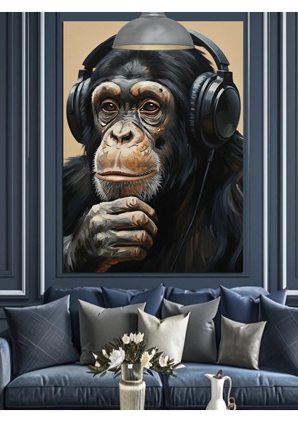 Şempanze Kulaklık Müzik Dinliyor Dekoratif Kanvas - Mdf Ahşap Tablo