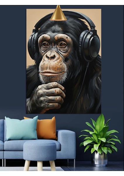Şempanze Kulaklık Müzik Dinliyor Dekoratif Kanvas - Mdf Ahşap Tablo modelleri