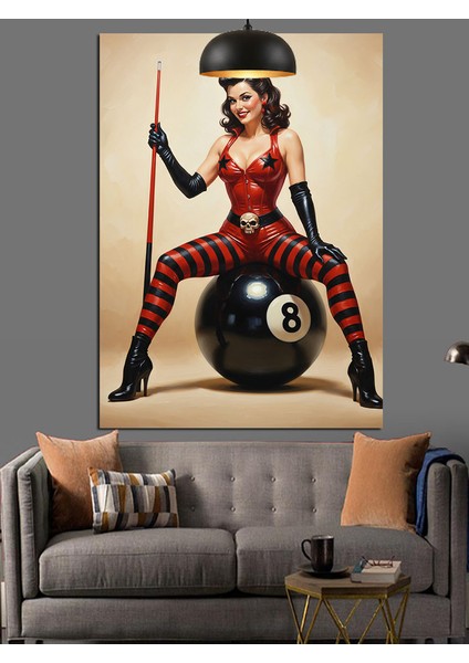 Bilardocu Kadın Pin-Up Biker Kırmızı Dekoratif Kanvas - Mdf Ahşap Tablo