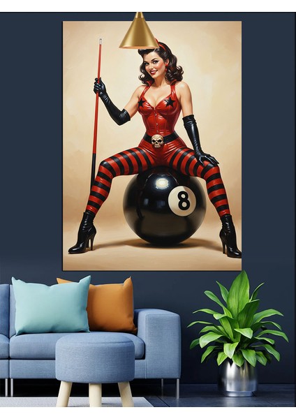 Bilardocu Kadın Pin-Up Biker Kırmızı Dekoratif Kanvas - Mdf Ahşap Tablo fiyatları