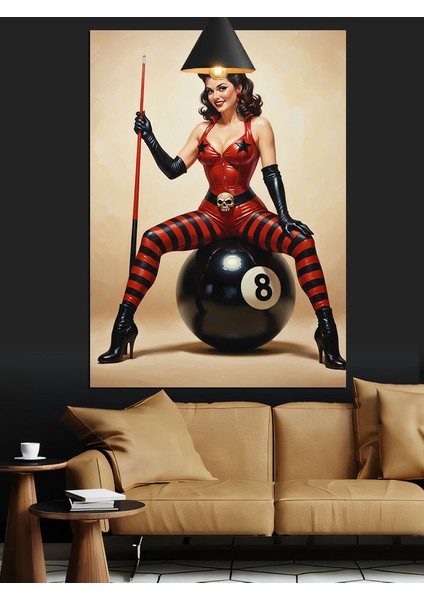 Bilardocu Kadın Pin-Up Biker Kırmızı Dekoratif Kanvas - Mdf Ahşap Tablo modelleri
