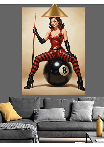 Bilardocu Kadın Pin-Up Biker Kırmızı Dekoratif Kanvas - Mdf Ahşap Tablo fırsatları